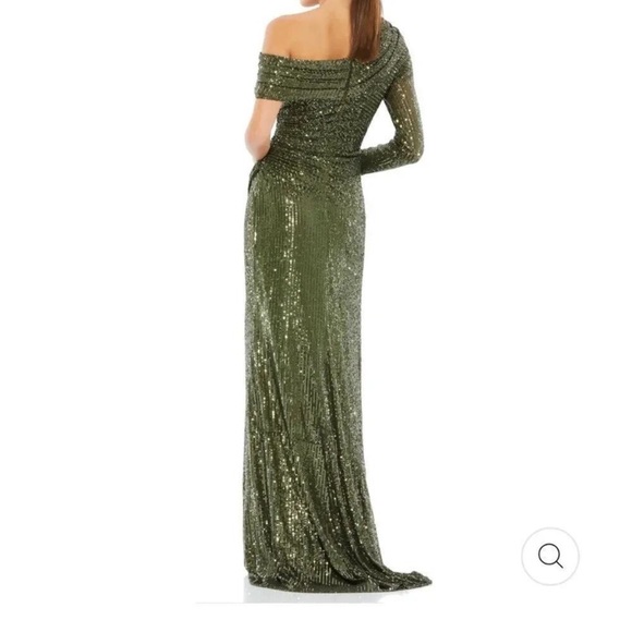Mac Duggal Olive Sequin One-Shoulder long sleeve Dress - Picture 2 of 4